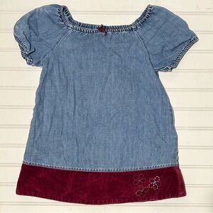 GAP Baby Girls Dress 3T Denim Blue Velvety Maroon Trim Casual Cotton Embroidered